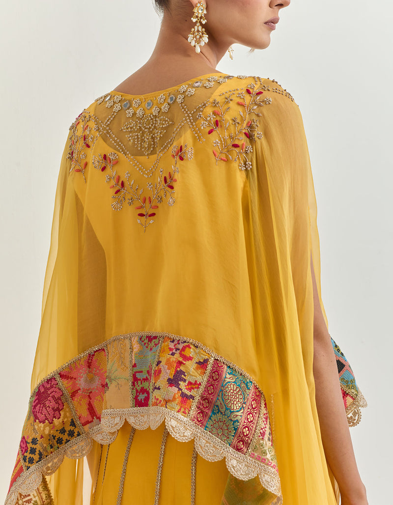 Yellow Cape With Skirt With Hand Work With Gota And Cross Stitch Embroidery