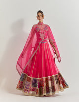 Fuchsia Cape With Skirt With Hand Work With Gota And Cross Stitch Embroidery