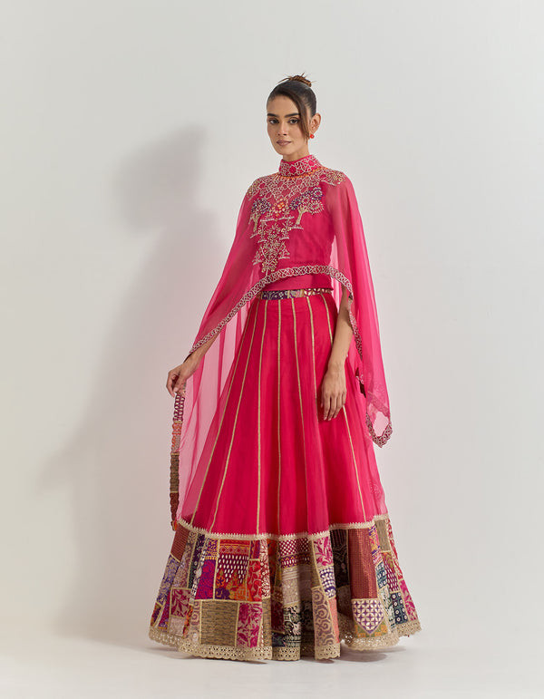 Fuchsia Cape With Skirt With Hand Work With Gota And Cross Stitch Embroidery