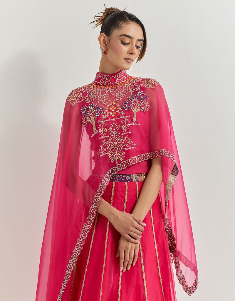 Fuchsia Cape With Skirt With Hand Work With Gota And Cross Stitch Embroidery