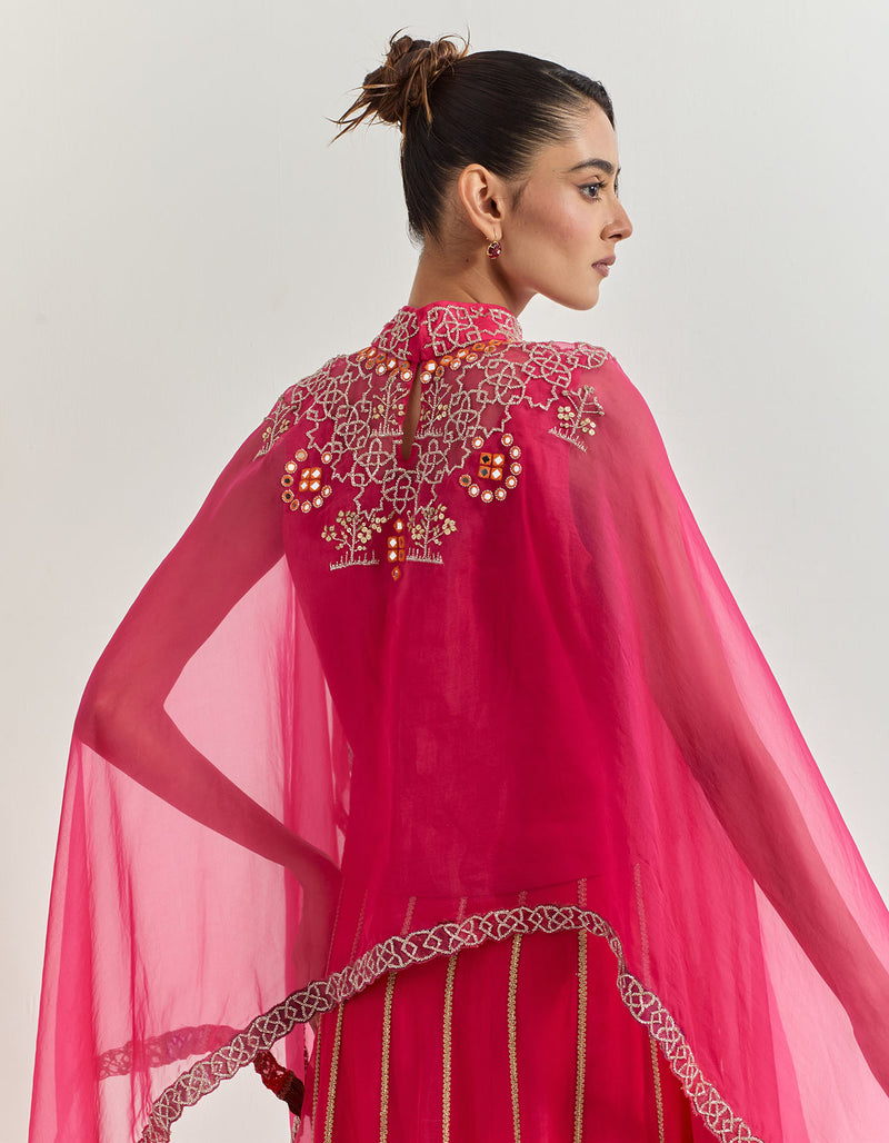 Fuchsia Cape With Skirt With Hand Work With Gota And Cross Stitch Embroidery