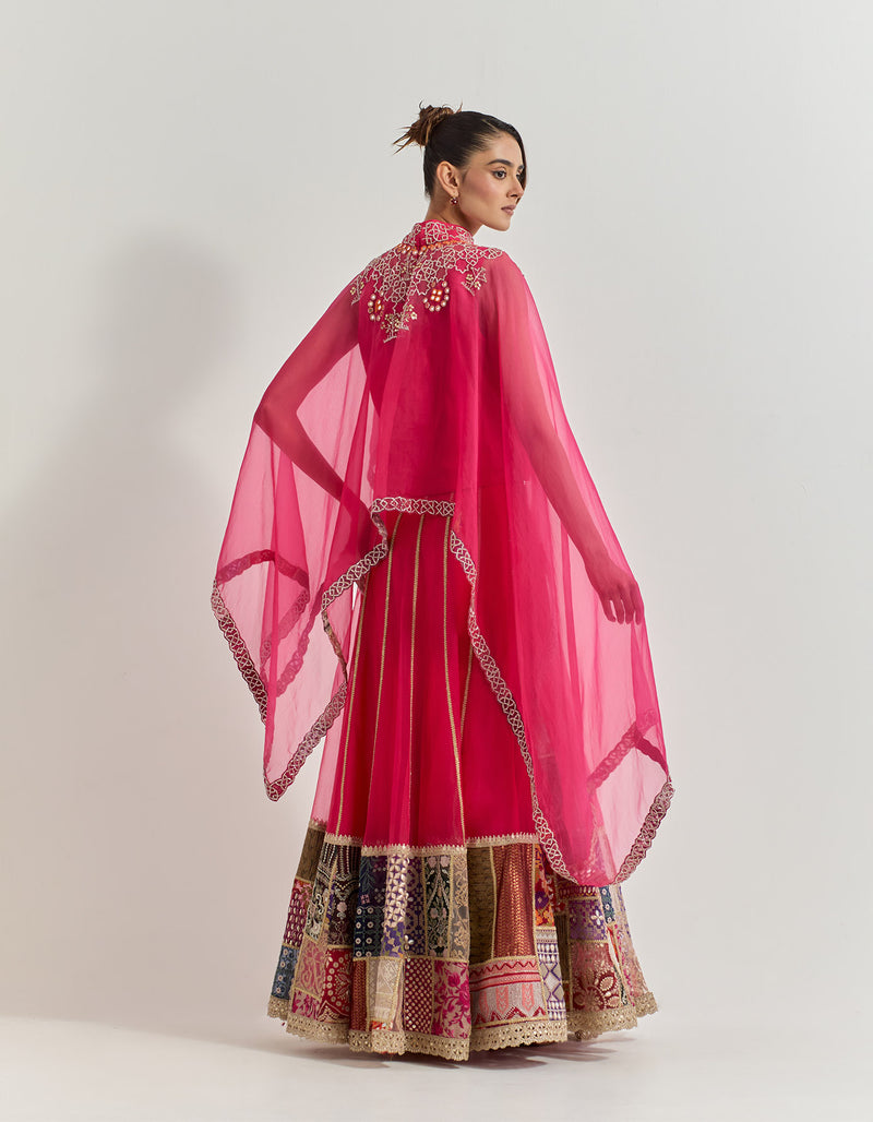 Fuchsia Cape With Skirt With Hand Work With Gota And Cross Stitch Embroidery