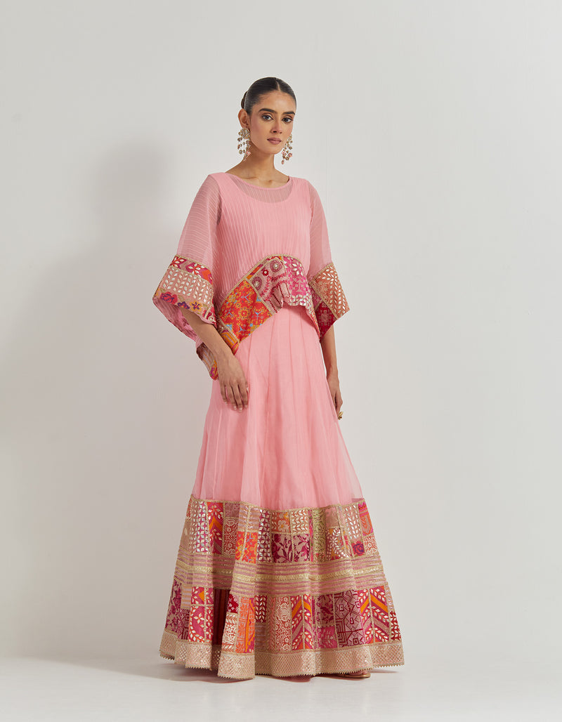 Salmon Pink Crinkle Georgette Kaftan Top With Patch Work Borders Paired With Organza Silk Patch Work Skirt