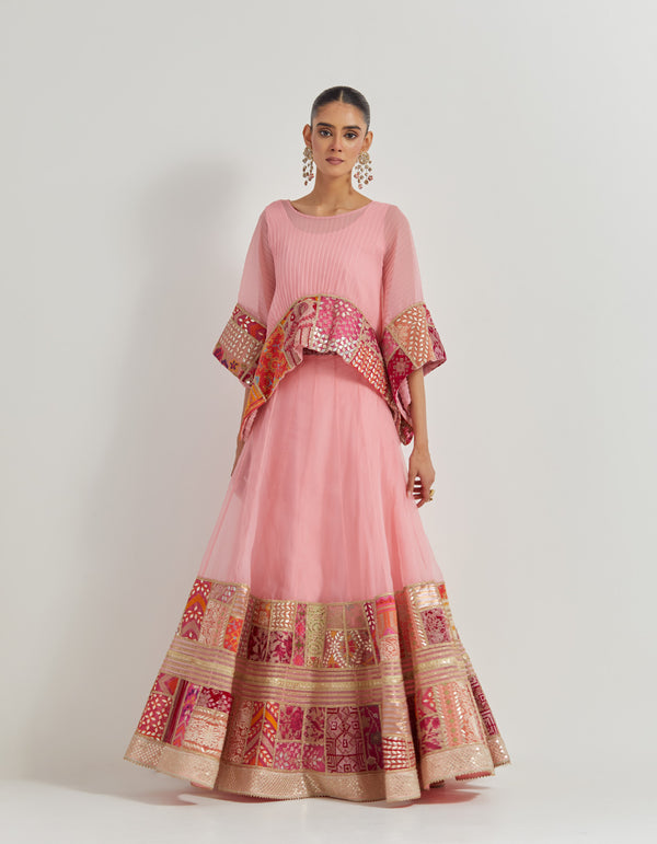 Salmon Pink Crinkle Georgette Kaftan Top With Patch Work Borders Paired With Organza Silk Patch Work Skirt