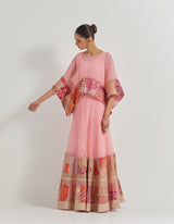 Salmon Pink Crinkle Georgette Kaftan Top With Patch Work Borders Paired With Organza Silk Patch Work Skirt