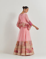 Salmon Pink Crinkle Georgette Kaftan Top With Patch Work Borders Paired With Organza Silk Patch Work Skirt