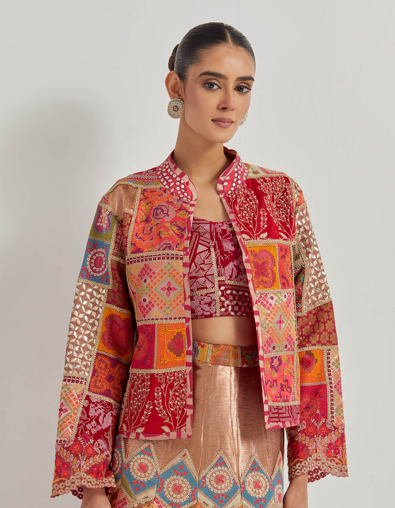 Jaquard Tissue Patch Work Embroiderd Skirt Paired With Velvet Patch Work Embroidered Buster And Jacket