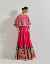 Fuchsia Patch Work Cape Set In Organza Silk