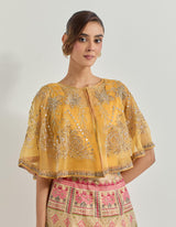 Yellow Raeth Cape With Skirt In Organza