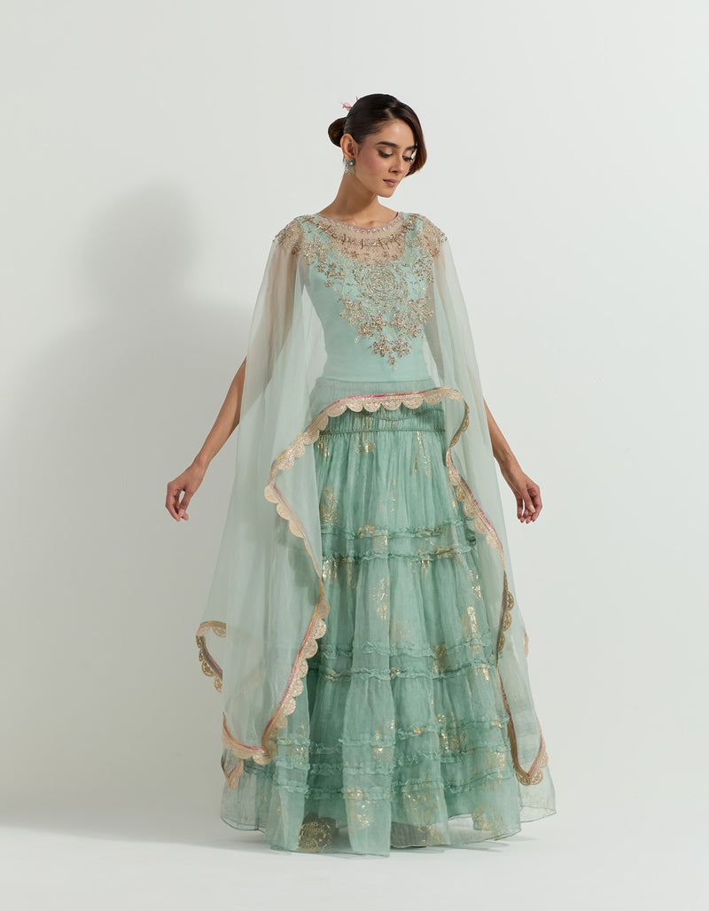 Sage Green Organza Raeth Cape With Skirt