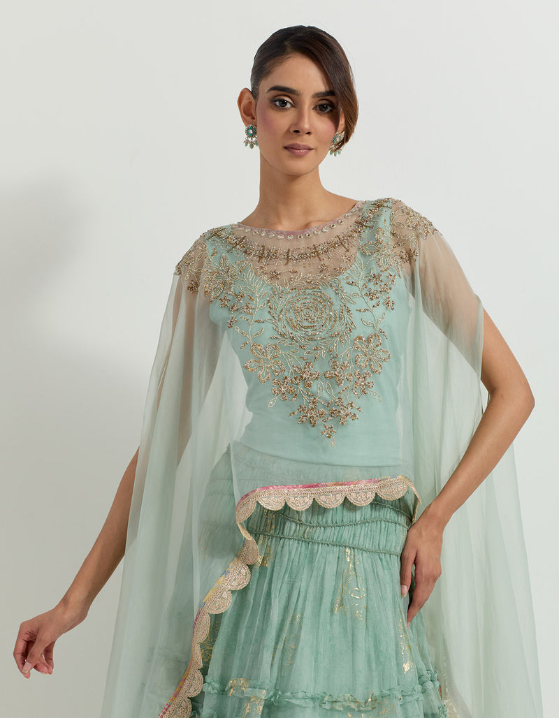 Sage Green Organza Raeth Cape With Skirt