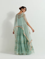 Sage Green Organza Raeth Cape With Skirt