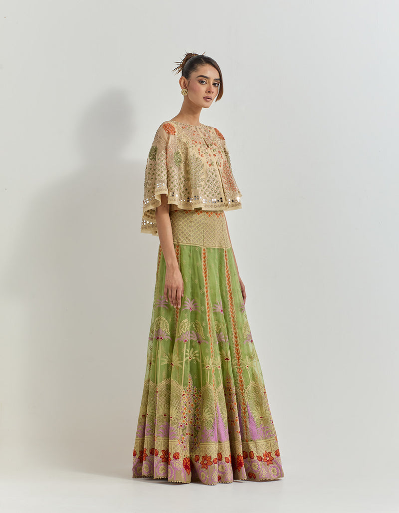 Beige And Green Cape With Skirt