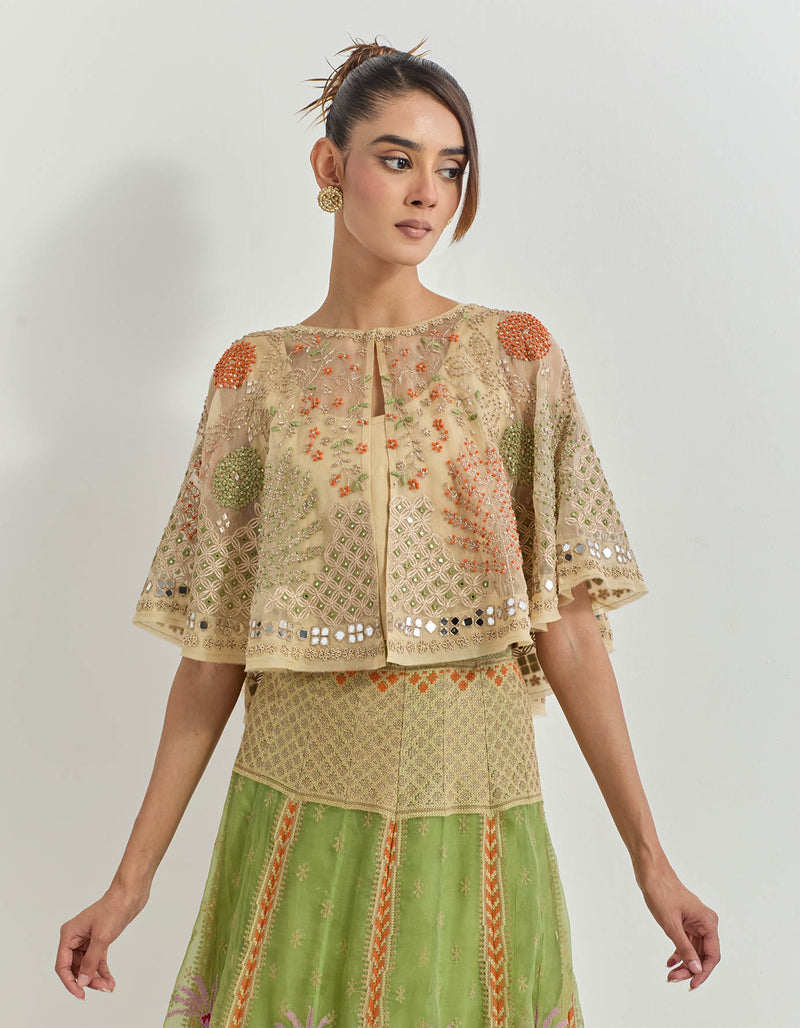 Beige And Green Cape With Skirt