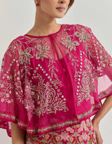 Fuchsia Cape With Skirt With Cross Stitch And Hand Work