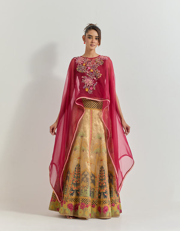 Redish Maroon And Gold Cape With Skirt