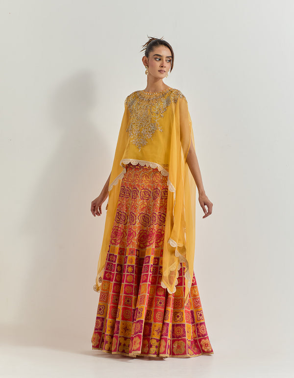 Yellow Cape With Skirt With Hand Work With Cross Stitch Embroidery