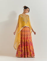 Yellow Cape With Skirt With Hand Work With Cross Stitch Embroidery