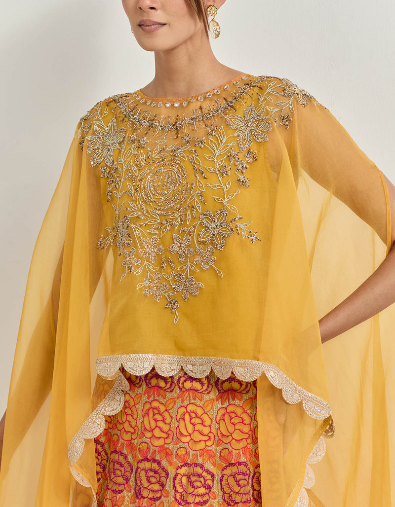 Yellow Cape With Skirt With Hand Work With Cross Stitch Embroidery