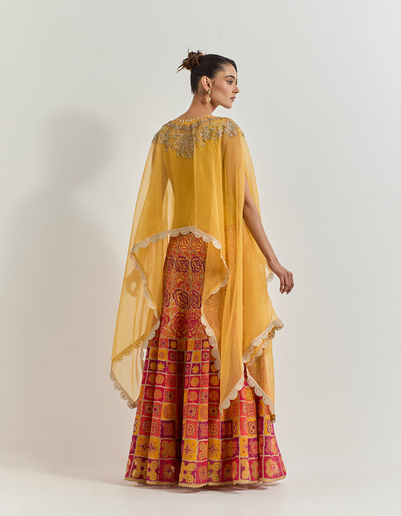 Yellow Cape With Skirt With Hand Work With Cross Stitch Embroidery