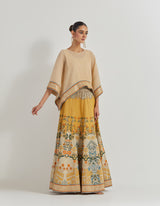 Beige Crinkle Kaftan Top Paired With Tafetta All Over Embroidered Skirt In Landscape Motif