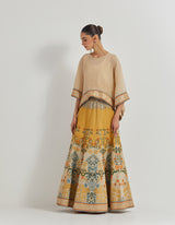 Beige Crinkle Kaftan Top Paired With Tafetta All Over Embroidered Skirt In Landscape Motif