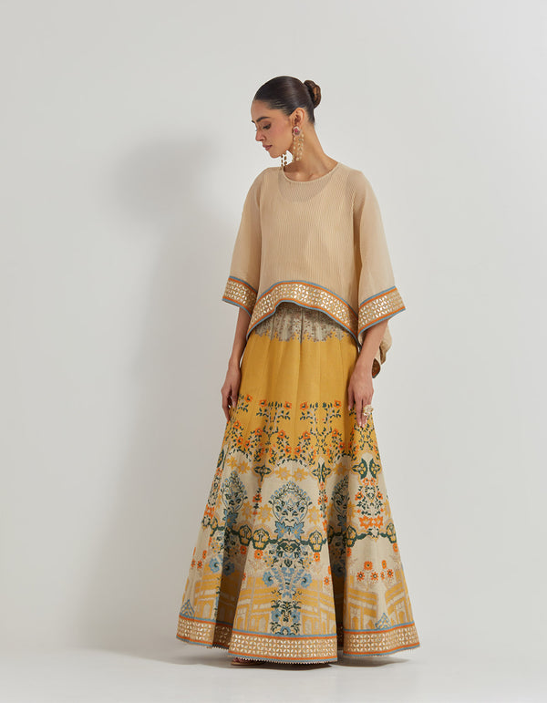 Beige Crinkle Kaftan Top Paired With Tafetta All Over Embroidered Skirt In Landscape Motif