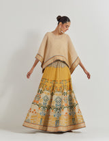 Beige Crinkle Kaftan Top Paired With Tafetta All Over Embroidered Skirt In Landscape Motif