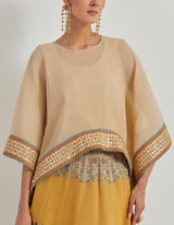 Beige Crinkle Kaftan Top Paired With Tafetta All Over Embroidered Skirt In Landscape Motif