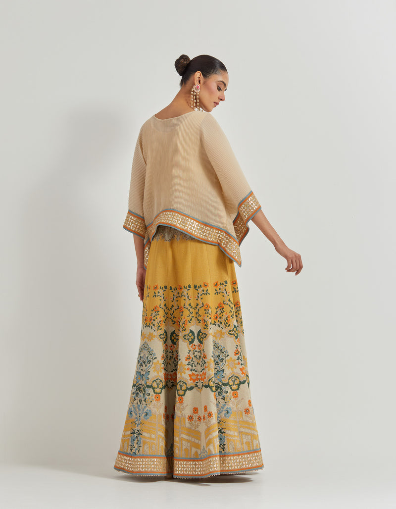 Beige Crinkle Kaftan Top Paired With Tafetta All Over Embroidered Skirt In Landscape Motif