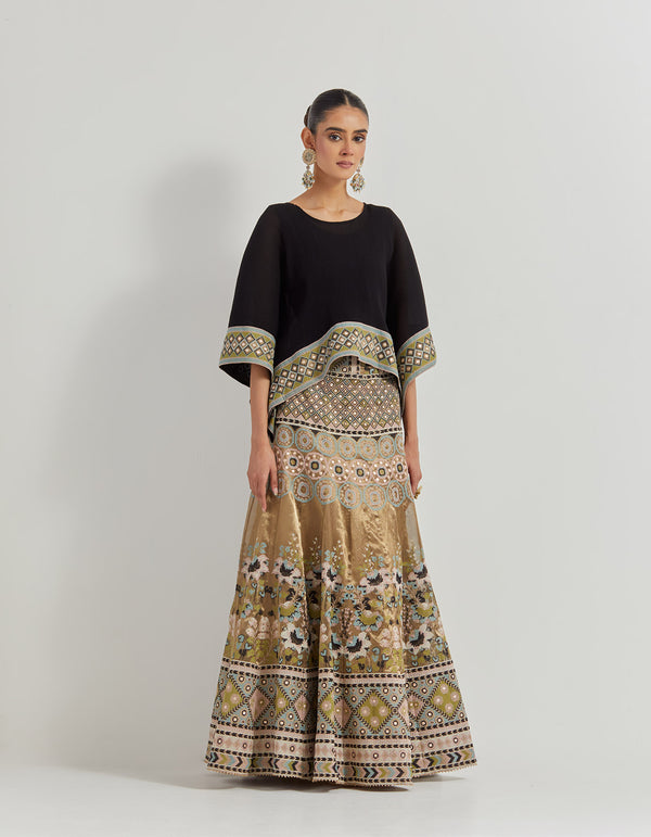 Black Crinkle Kaftan Top Paired With Cross Stitch And Gota Patti Embroidered Tissue Skirt