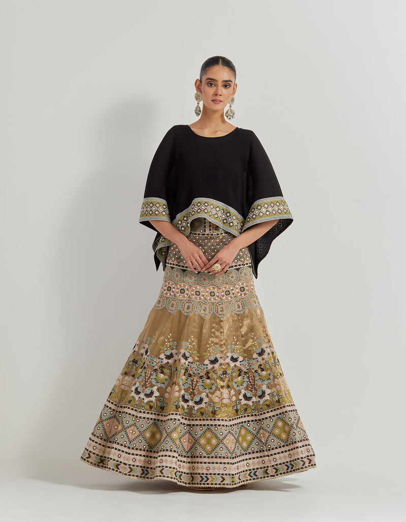 Black Crinkle Kaftan Top Paired With Cross Stitch And Gota Patti Embroidered Tissue Skirt