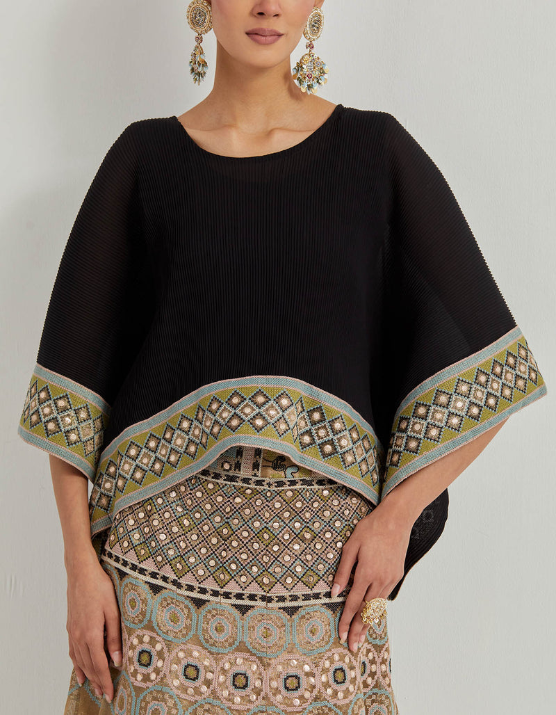 Black Crinkle Kaftan Top Paired With Cross Stitch And Gota Patti Embroidered Tissue Skirt