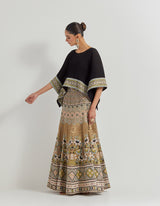 Black Crinkle Kaftan Top Paired With Cross Stitch And Gota Patti Embroidered Tissue Skirt