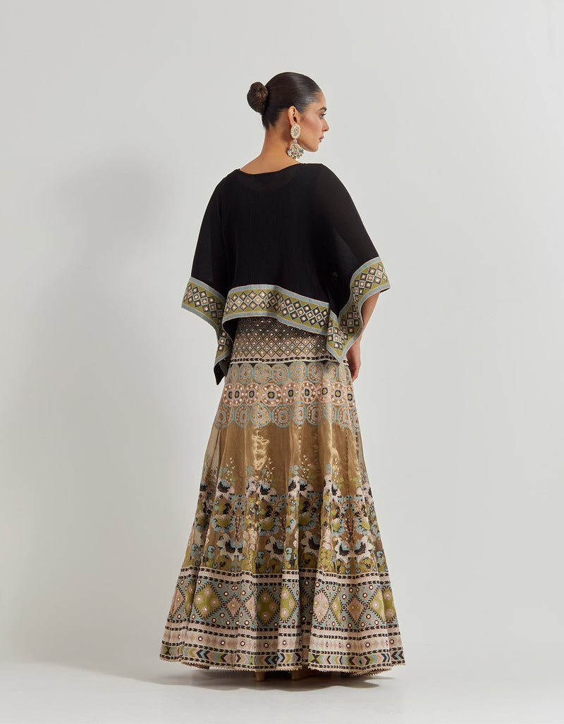 Black Crinkle Kaftan Top Paired With Cross Stitch And Gota Patti Embroidered Tissue Skirt