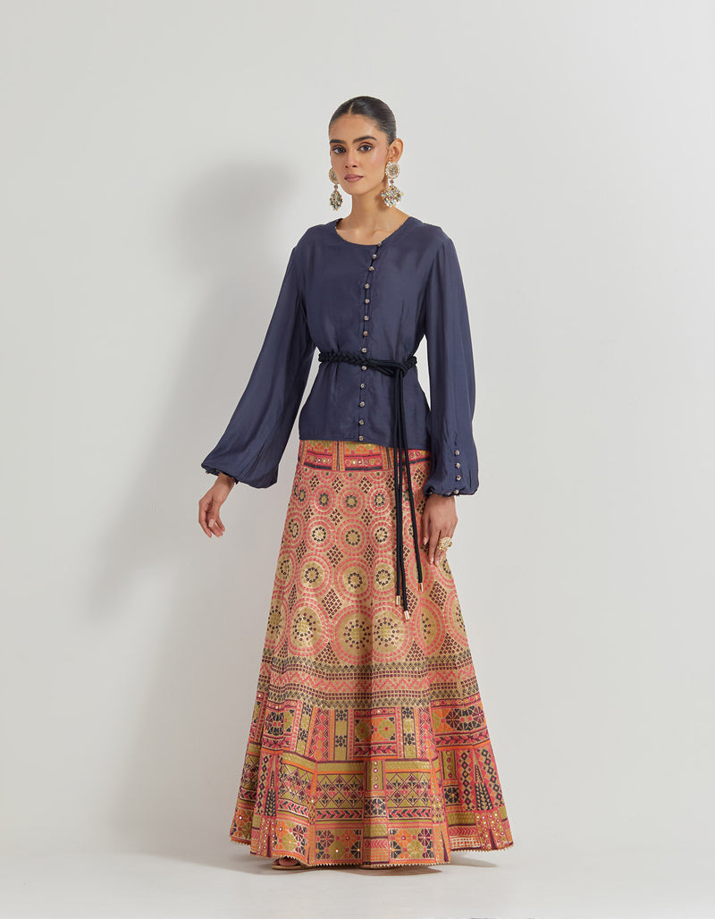 Tissue Embroidered Skirt In Bandhini Motifs Paired With Modal Silk Shirt (Belt Not Included)