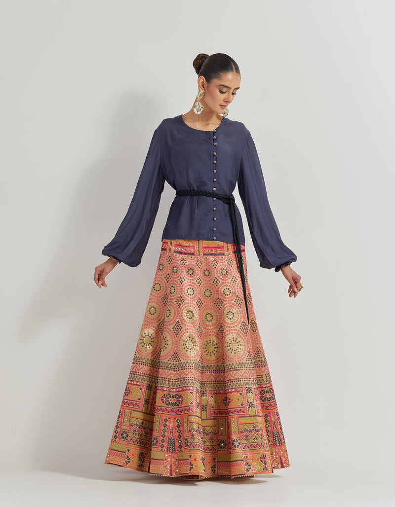 Tissue Embroidered Skirt In Bandhini Motifs Paired With Modal Silk Shirt (Belt Not Included)