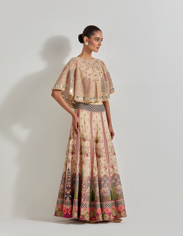 Beigish Gold Hand Embellished Circular Cape Paired With Cross Stitch Embroidered Skirt In Palm Motif