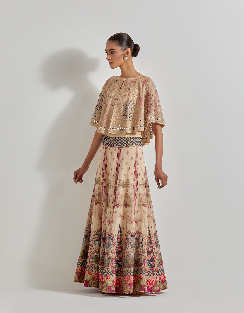 Beigish Gold Hand Embellished Circular Cape Paired With Cross Stitch Embroidered Skirt In Palm Motif