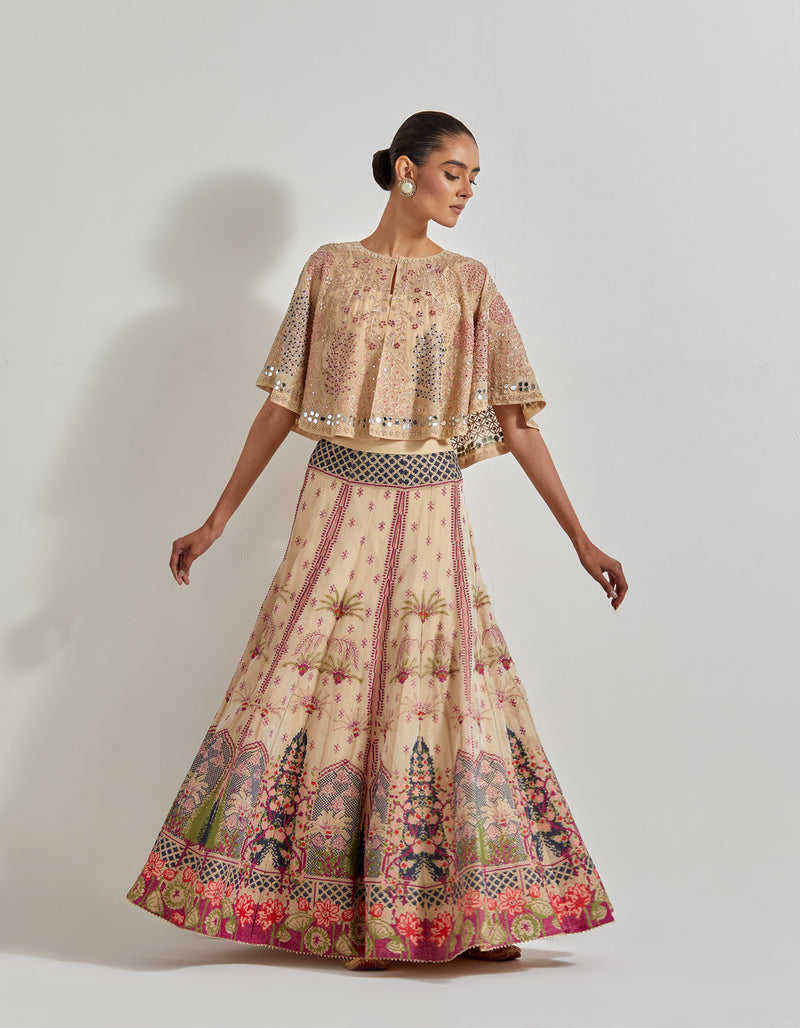 Beigish Gold Hand Embellished Circular Cape Paired With Cross Stitch Embroidered Skirt In Palm Motif