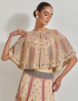 Beigish Gold Hand Embellished Circular Cape Paired With Cross Stitch Embroidered Skirt In Palm Motif