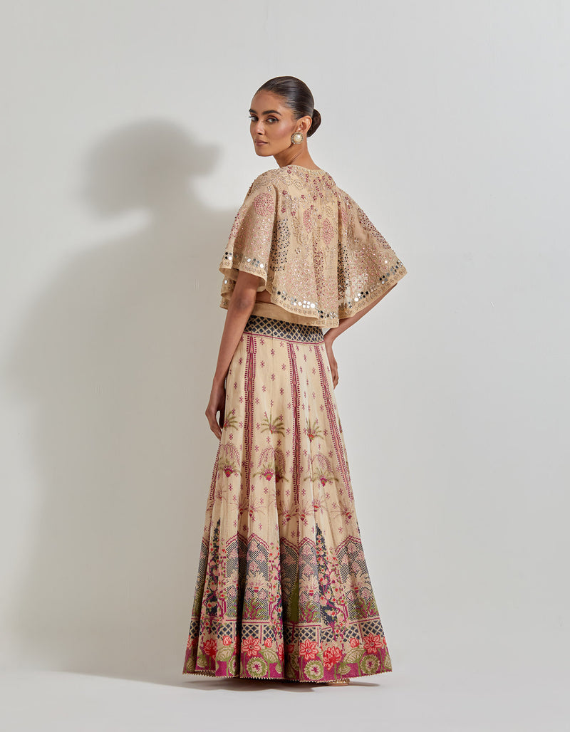 Beigish Gold Hand Embellished Circular Cape Paired With Cross Stitch Embroidered Skirt In Palm Motif