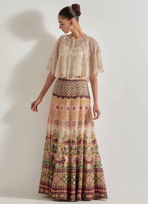 Ivory Organza Hand Embellished Circular Cape Paired With Resham Stitch And Gota Work Embroidered Work