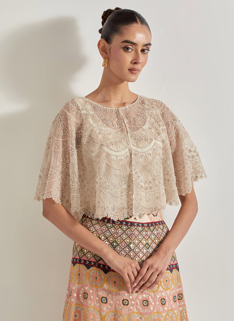 Ivory Organza Hand Embellished Circular Cape Paired With Resham Stitch And Gota Work Embroidered Work
