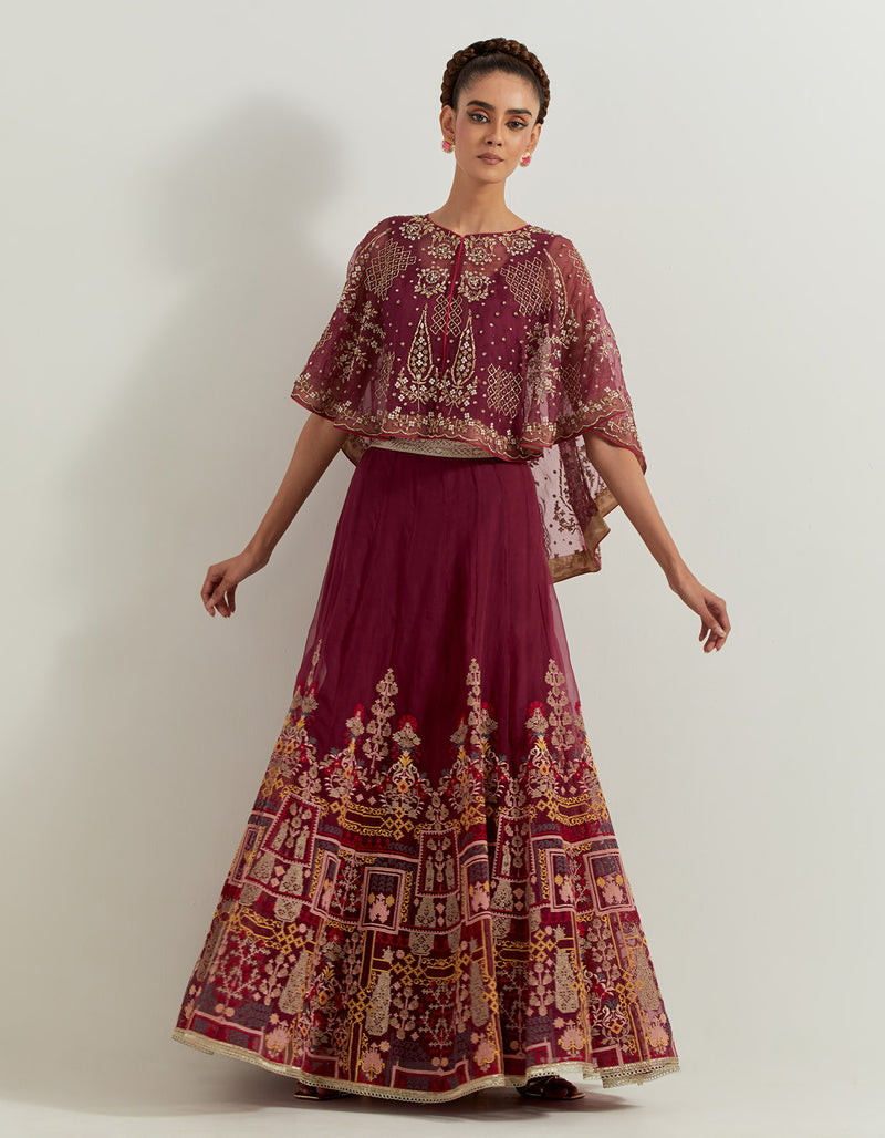 Red Raeth Cross Stitch And Sequin Embroidered Organza Circular Cape And Skirt