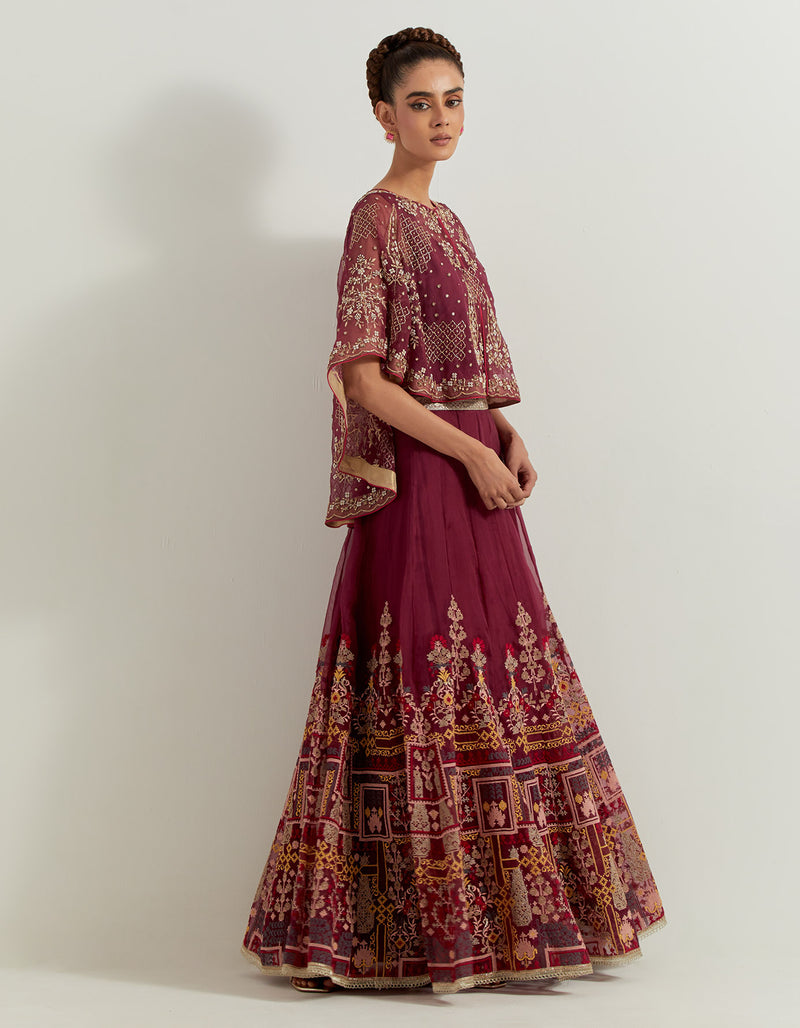 Red Raeth Cross Stitch And Sequin Embroidered Organza Circular Cape And Skirt