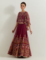 Red Raeth Cross Stitch And Sequin Embroidered Organza Circular Cape And Skirt