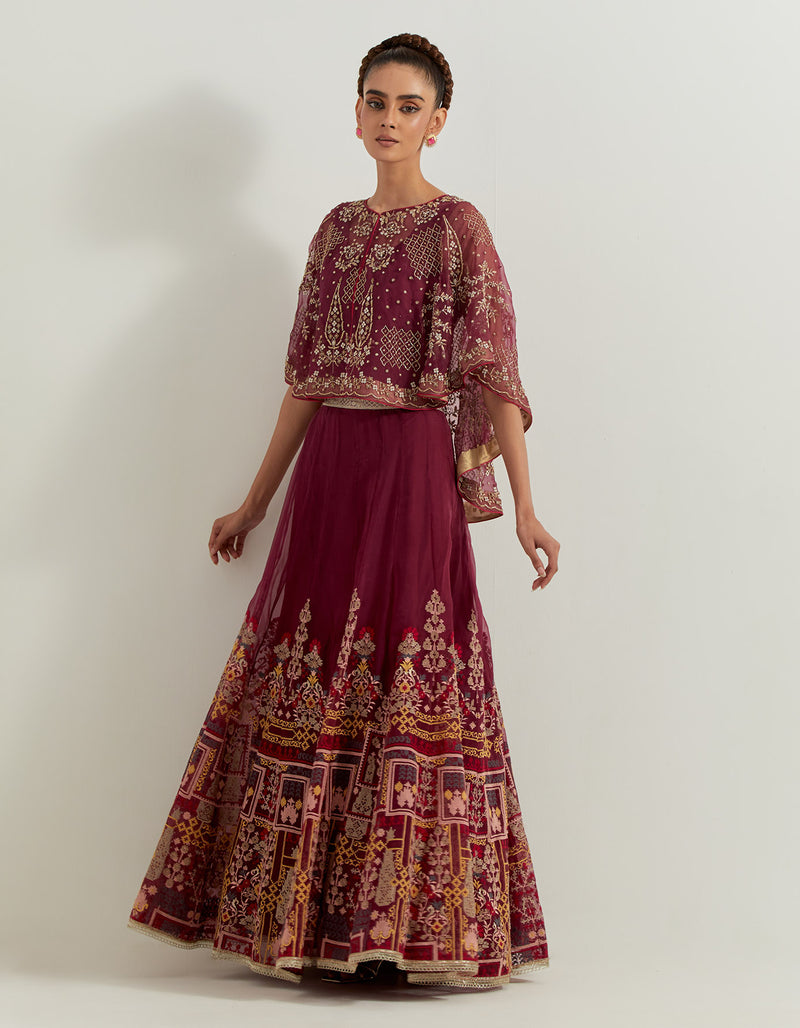 Red Raeth Cross Stitch And Sequin Embroidered Organza Circular Cape And Skirt