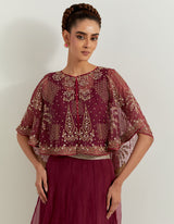 Red Raeth Cross Stitch And Sequin Embroidered Organza Circular Cape And Skirt