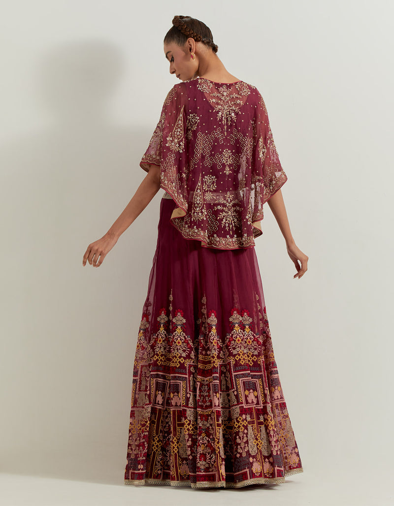 Red Raeth Cross Stitch And Sequin Embroidered Organza Circular Cape And Skirt